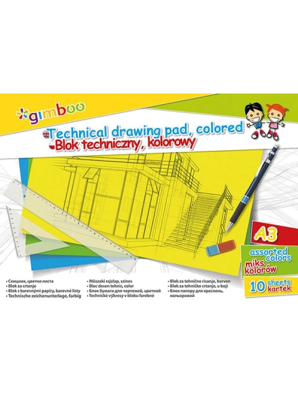 Blok techniczny GIMBOO, A3, 10 kart., 150gsm, mix kolorów