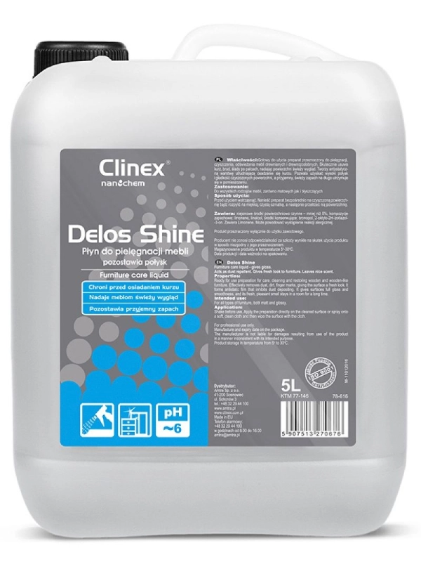 Płyn do pielęgnacji mebli CLINEX Delos Shine 5L 77-146, pozostawia połysk