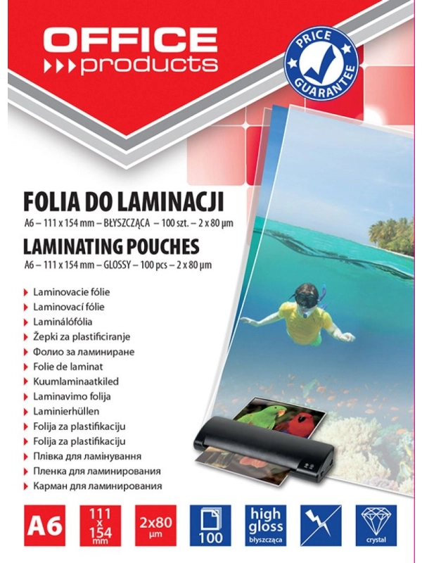 Folia do laminowania OFFICE PRODUCTS, A6, 2x80mikr., błyszcząca, 100szt., transparentna