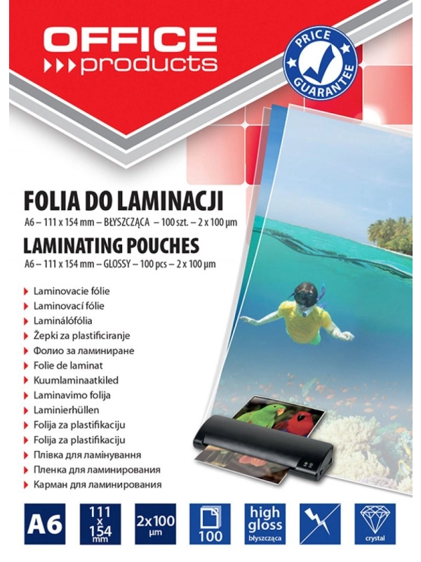 Folia do laminowania OFFICE PRODUCTS, A6, 2x100mikr., błyszcząca, 100szt., transparentna