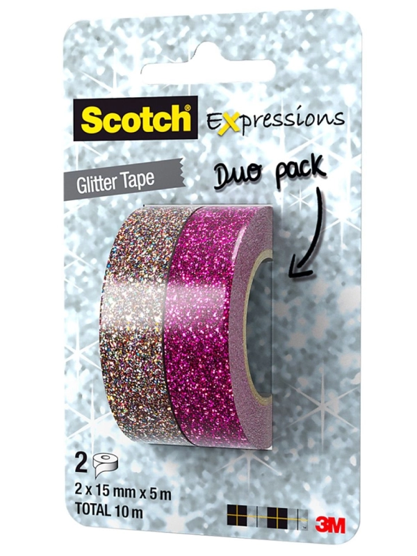 Taśma brokatowa SCOTCH® Expressions (C514-2PACK1), 15mm, 5m, zawieszka, 2 szt., wielokolorowa/różowa