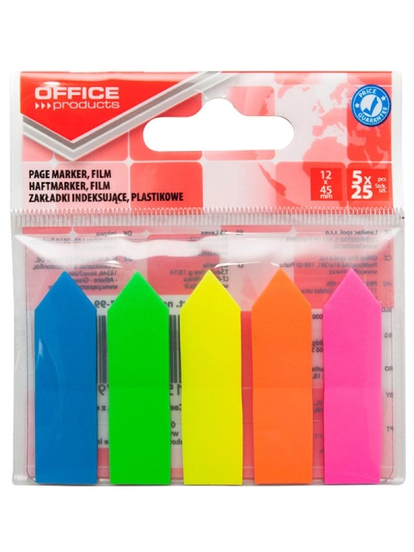 Zakładki indeksujące OFFICE PRODUCTS, strzałka, PP, 12x45mm, 5x25 kart., zawieszka, mix kolorów