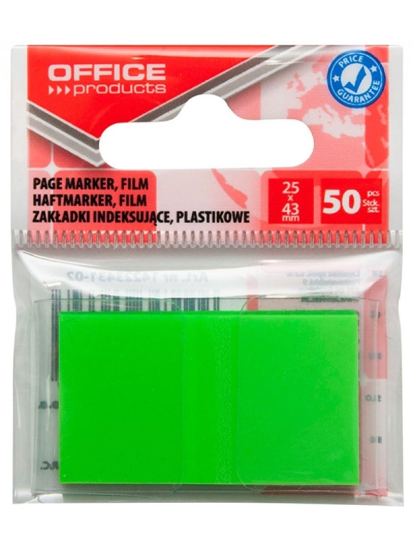 Zakładki indeksujące OFFICE PRODUCTS, PP, 25x43mm, 1x50 kart., zawieszka, zielone