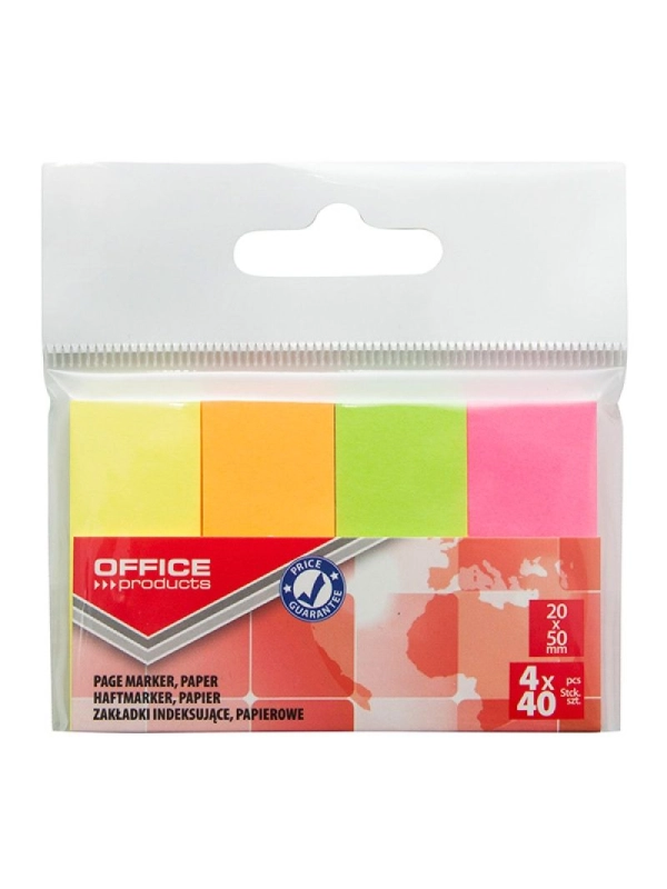 Zakładki indeksujące OFFICE PRODUCTS, papier, 20x50mm, 4x40 kart., zawieszka, mix kolorów neon