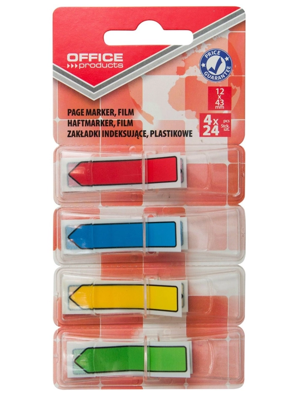 Zakładki indeksujące OFFICE PRODUCTS, PP, strzałka, 12x43mm, 4x24 kart., blister, mix kolorów