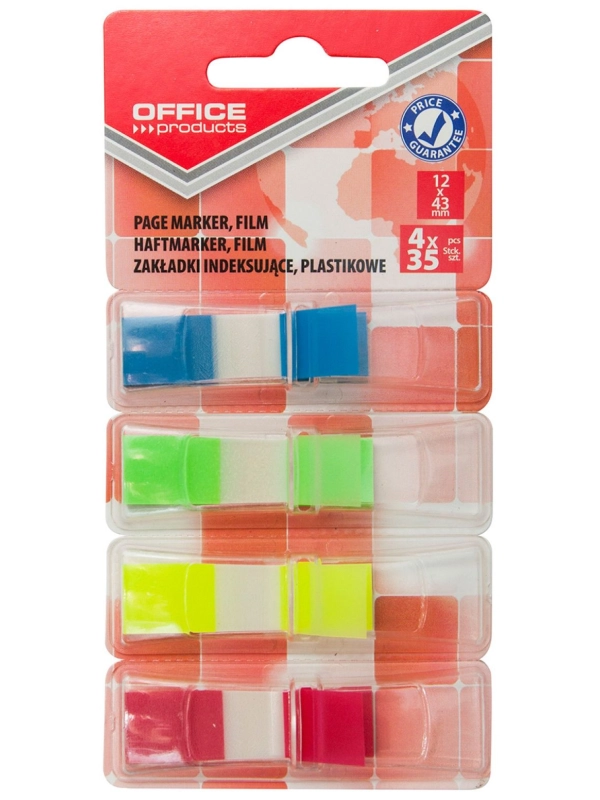 Zakładki indeksujące OFFICE PRODUCTS, PP, standard, 12x43mm, 4x35 kart., blister, mix kolorów