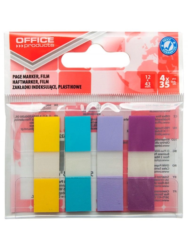 Zakładki indeksujące OFFICE PRODUCTS, PP, 12x43mm, 4x35 kart., zawieszka, mix kolorów pastel