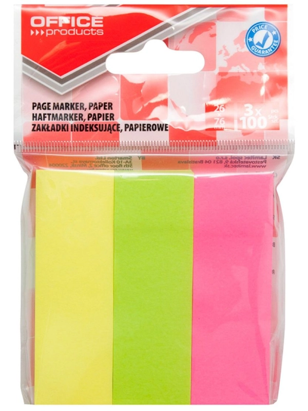 Zakładki indeksujące OFFICE PRODUCTS, papier, 26x76mm, 3x100 kart., zawieszka, mix kolorów