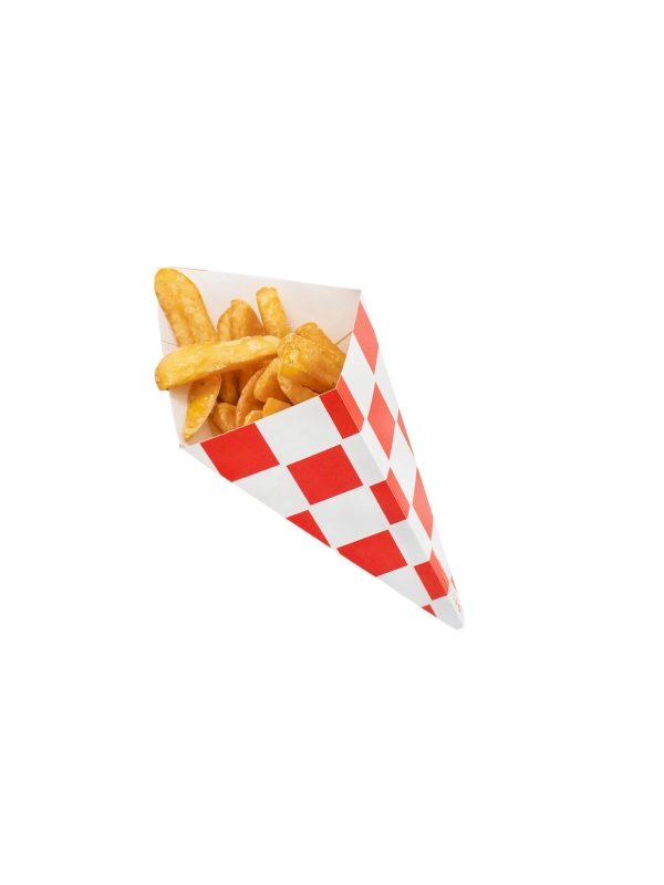 Rożek na frytki 350g, mały, kratka czerwona, z miejscem na dip, 175/250mm op. 100 sztuk