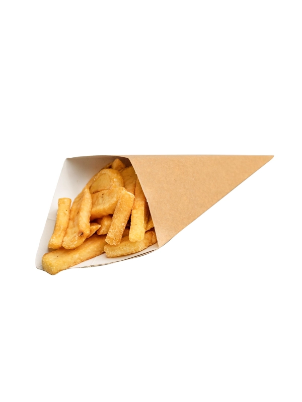 Rożek na frytki z miejscem na dip, mały, brązowy, 200 ml, 160x220 mm, op. 100 sztuk