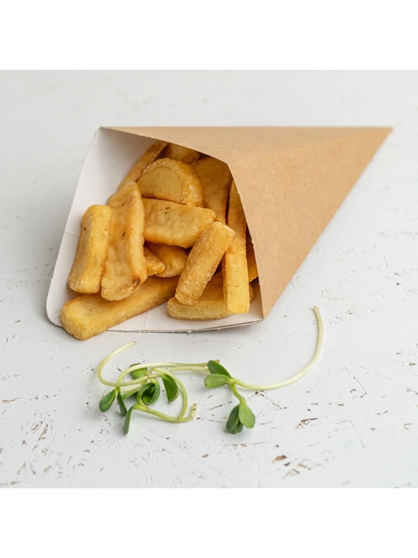 Rożek na frytki z miejscem na dip, średni, brązowy, 300 ml, 180x250 mm, op. 100 sztuk