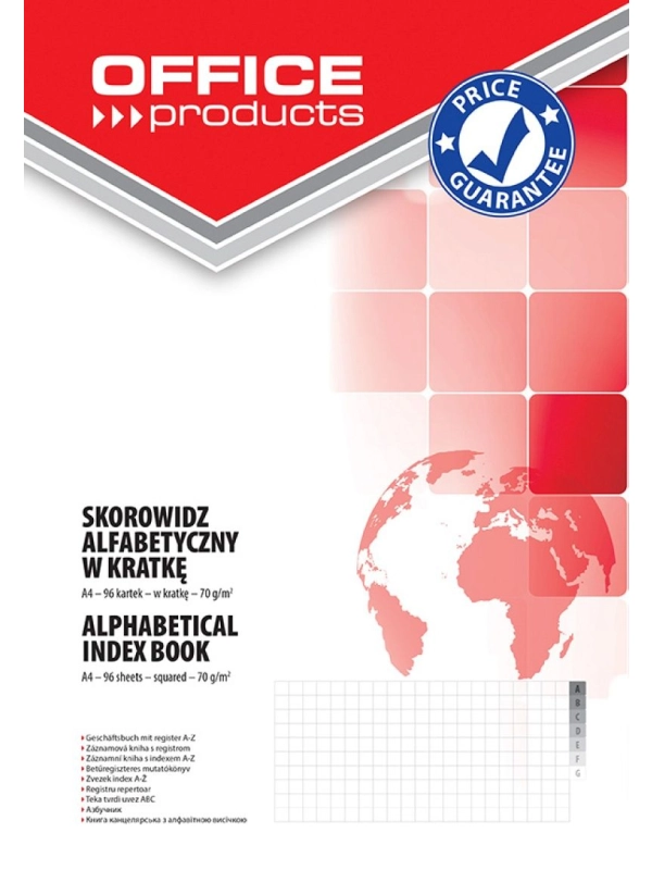 Skorowidz OFFICE PRODUCTS, A4, w kratkę, alfabetyczny, twarda okładka, 96 kart., 70gsm