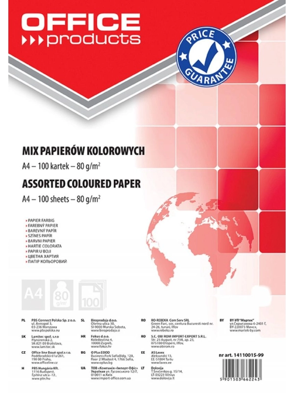 Papier kolorowy OFFICE PRODUCTS, A4, 100 arkuszy, 80gsm, mix kolorów