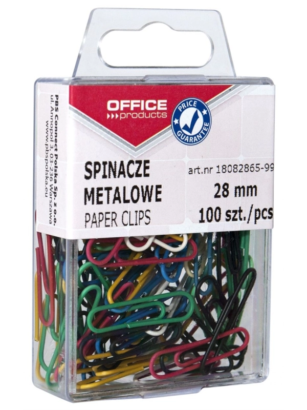 Spinacze kolorowe OFFICE PRODUCTS, powlekane, 28mm, w pudełku, 100szt., mix kolorów
