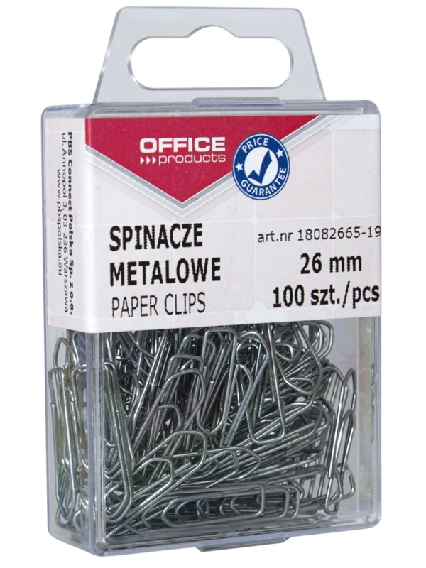 Spinacze metalowe OFFICE PRODUCTS, 26mm, w pudełku, 100szt., srebrne
