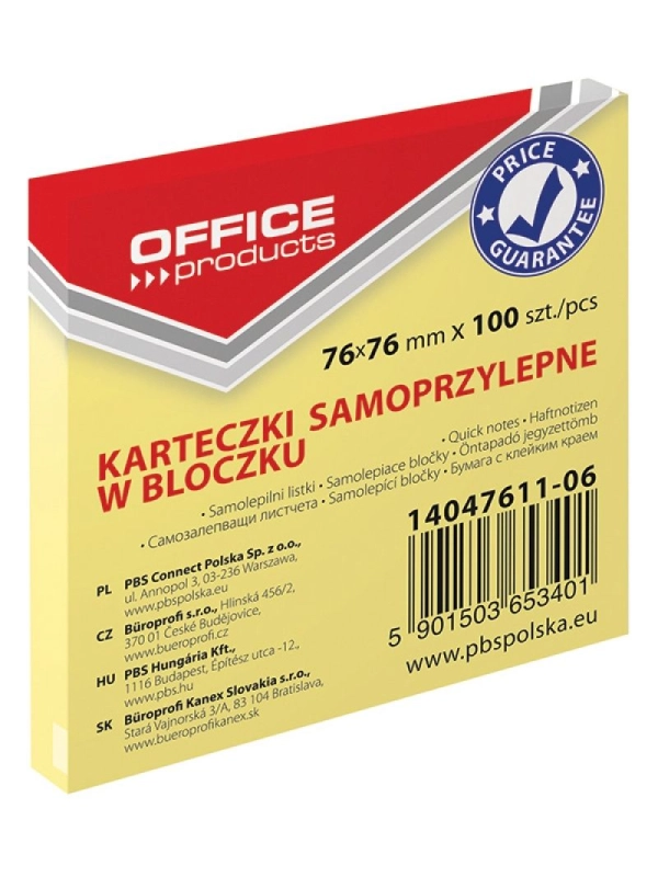 Bloczek samoprzylepny OFFICE PRODUCTS, 76x76mm, 1x100 kart., pastel, jasnożółte