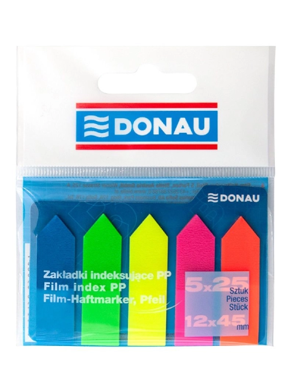 Zakładki indeksujące DONAU, PP, 12x45mm, strzałka, 5x25 kart., mix kolorów