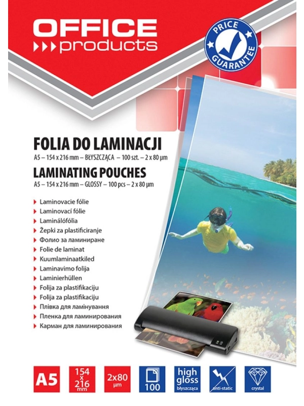 Folia do laminowania OFFICE PRODUCTS, A5, 2x80mikr., błyszcząca, 100szt., transparentna