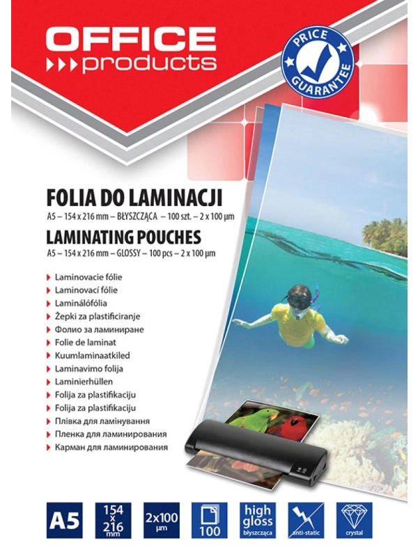 Folia do laminowania OFFICE PRODUCTS, A5, 2x100mikr., błyszcząca, 100szt., transparentna