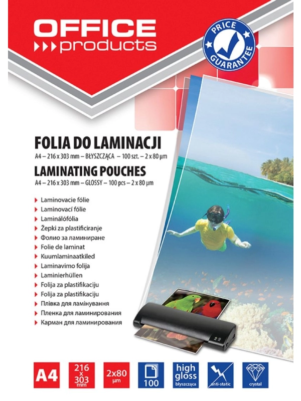 Folia do laminowania OFFICE PRODUCTS, A4, 2x80mikr., błyszcząca, 100szt., transparentna