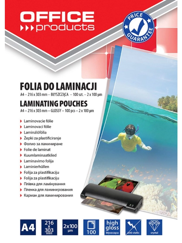 Folia do laminowania OFFICE PRODUCTS, A4, 2x100mikr., błyszcząca, 100szt., transparentna