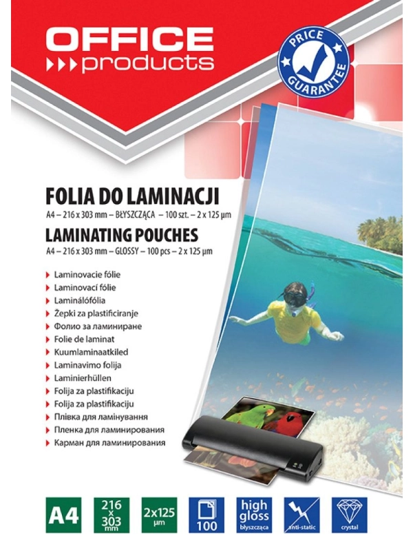 Folia do laminowania OFFICE PRODUCTS, A4, 2x125mikr., błyszcząca, 100szt., transparentna