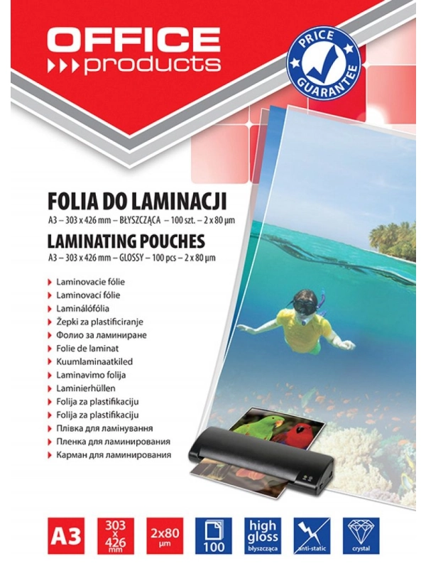 Folia do laminowania OFFICE PRODUCTS, A3, 2x80mikr., błyszcząca, 100szt., transparentna