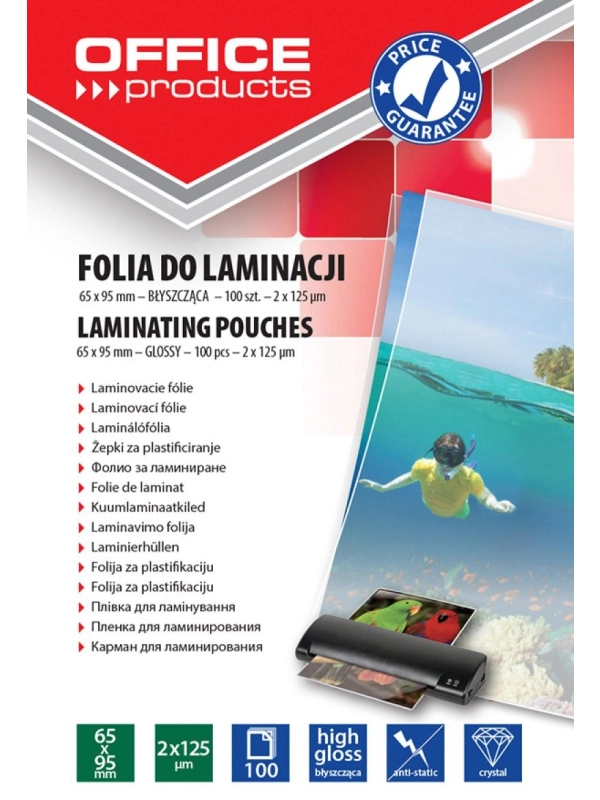 Folia do laminowania OFFICE PRODUCTS, 65x95mm, 2x125mikr., błyszcząca, 100szt., transparentna