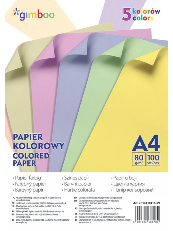 Papier kolorowy GIMBOO, A4, 100 arkuszy, 80gsm, 5 kolorów pastelowych
