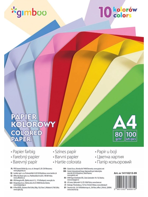 Papier kolorowy GIMBOO, A4, 100 arkuszy, 80gsm, 10 kolorów neonowych