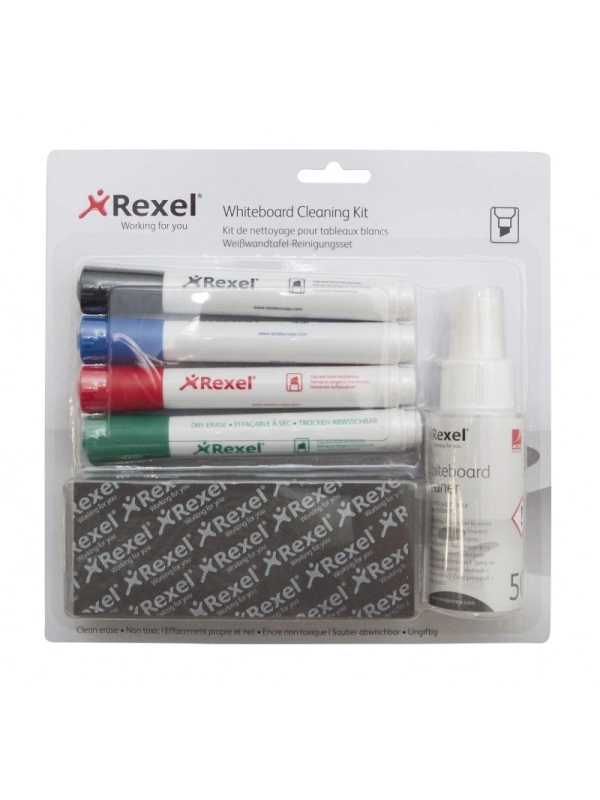 Zestaw do tablic REXEL, spray, gąbka niemagnetyczna oraz 4 markery