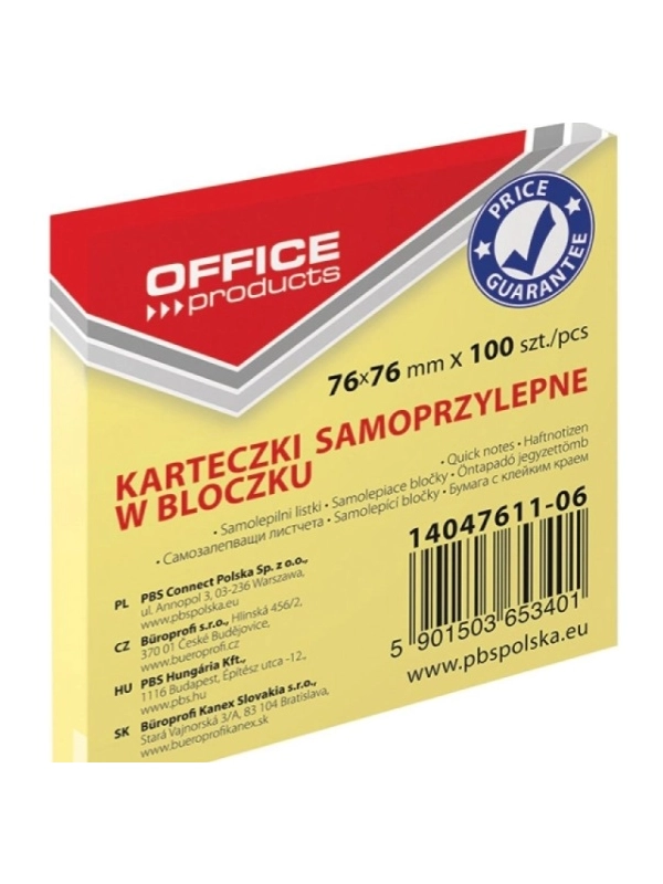 Bloczek samoprzylepny OFFICE PRODUCTS, 76x76mm, 1x100 kart., pastel, jasnożółte