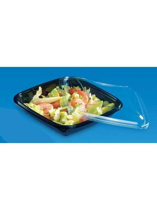 Pojemnik sałatkowy PET niski 370ml komplet, czarny spód + transparentna pokrywka 160x160xh.30 op. 80 sztuk