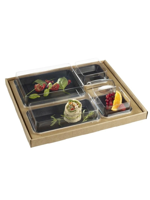 Lunch Set - Kanopee 4 czarne tacki 366x295x65mm, 30 kpl. pokrywki rPET