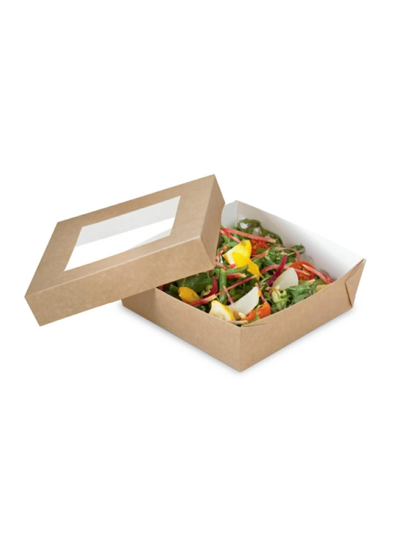 Pudełko brązowe TAKEAWAY 400ml z oknem, 100x100x40mm, op.50 kpl. (k/6)