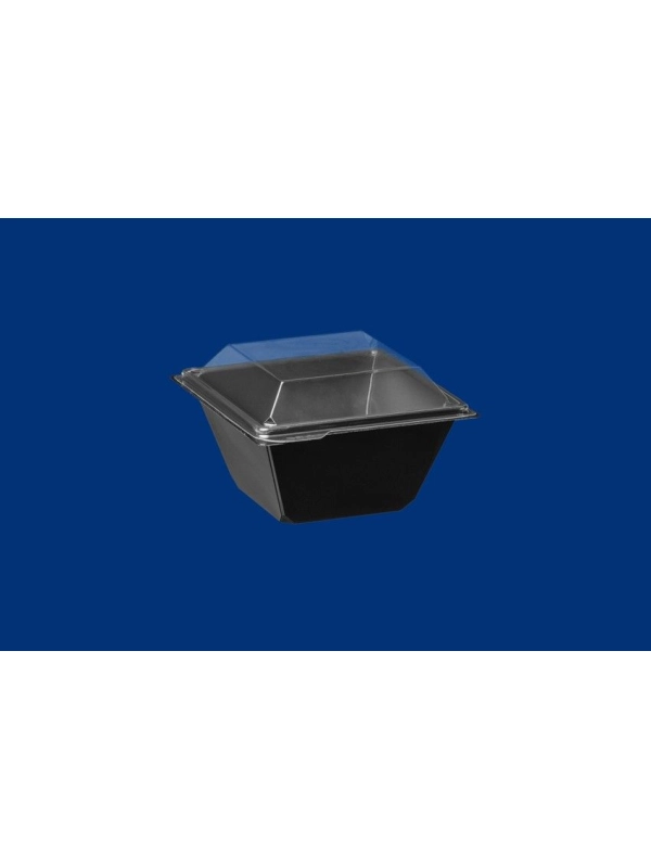 Pucharek sałatkowy kwadratowy 370ml komplet czarny spód + transparentna pokrywka 114x114mm h75 PET op. 30 kpl