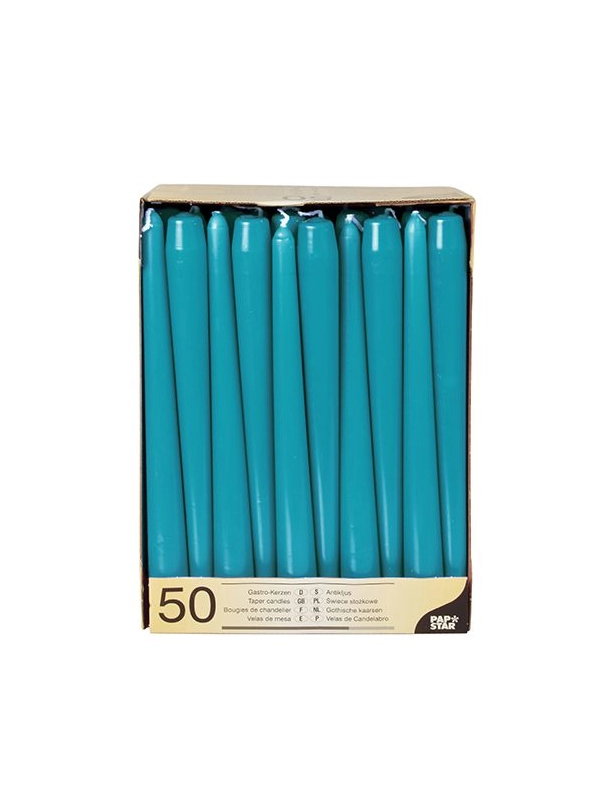 Świece stożkowe 25cm turkusowe średnica 2,2cm op. 50 sztuk
