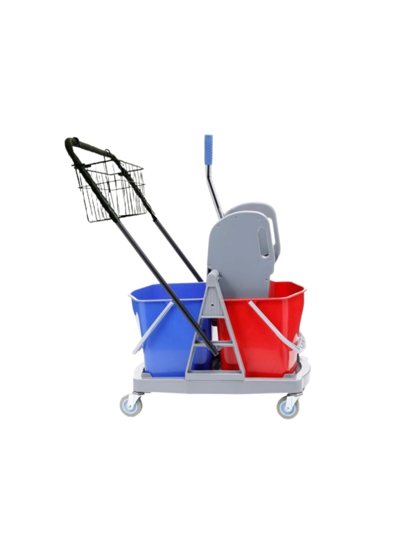 Wózek serwisowy HFW102 do sprzątania, dwuwiadrowy, 2× wiadro 17 l, koszyk metalowy czarny, prasa do mopów